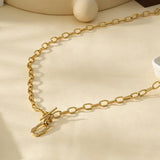 Open Front Gold Necklace With Hammered Oval Ring