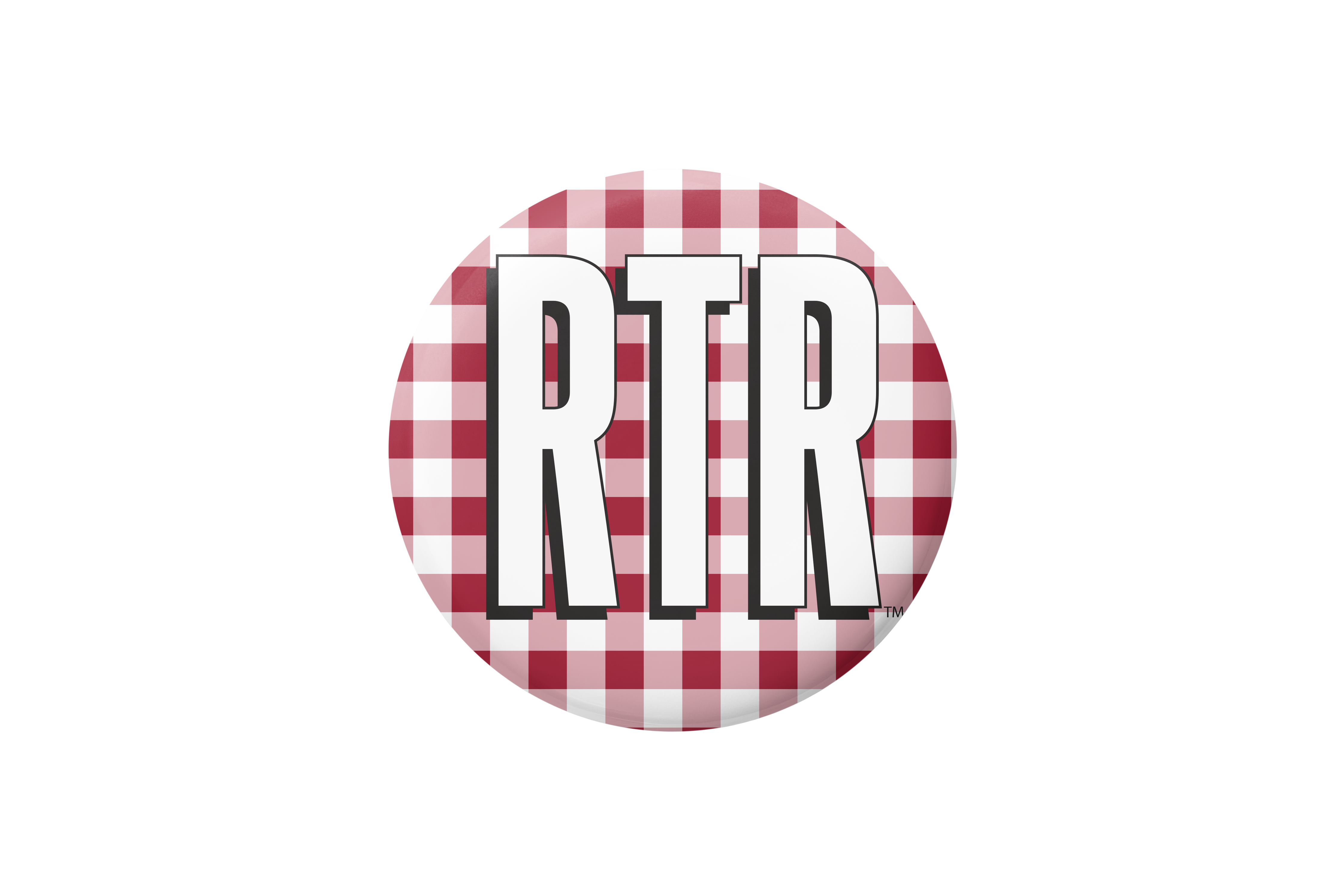 A circular pinback button or badge featuring a red and white gingham checkered pattern with the bold white letters 'RTR' outlined in black, shown on a plain white background.