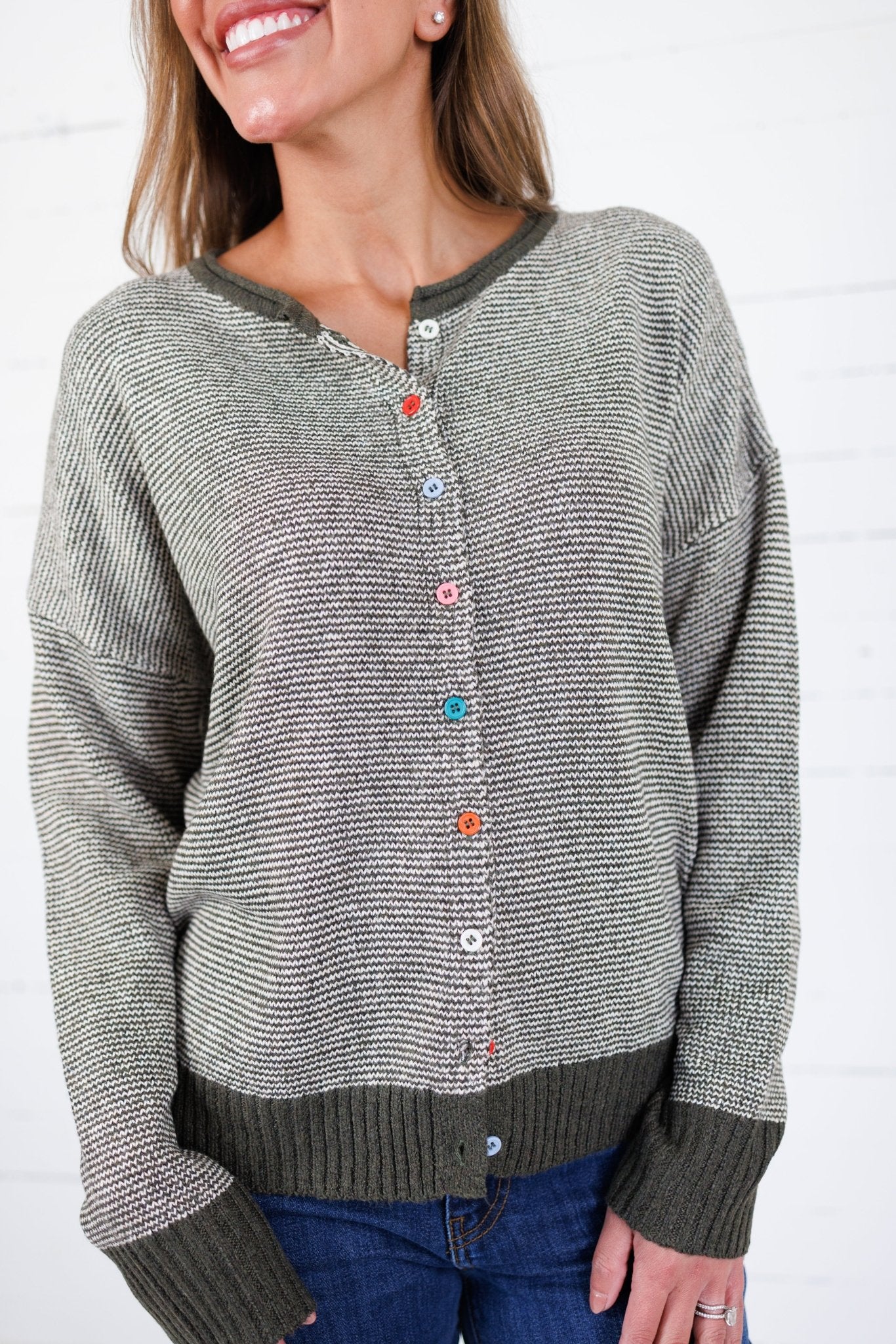 Dennis Dark Olive Pinstripe Cardigan Staccato
