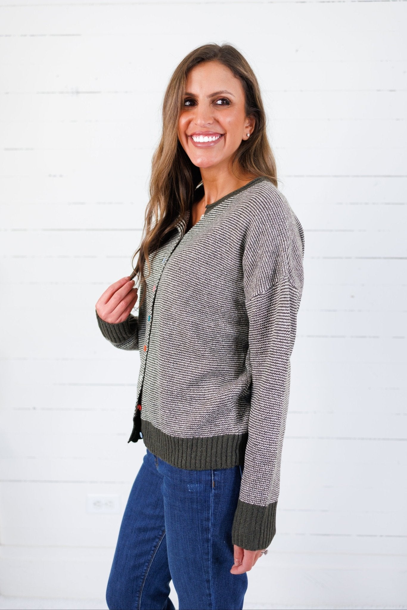 Dennis Dark Olive Pinstripe Cardigan Staccato