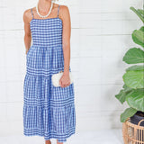 Dial Navy + Sky Seersucker Plaid Tiered Maxi Dress THML