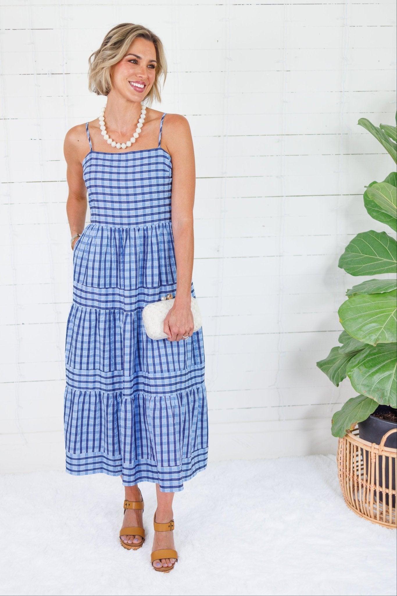 Dial Navy + Sky Seersucker Plaid Tiered Maxi Dress THML
