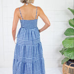 Dial Navy + Sky Seersucker Plaid Tiered Maxi Dress THML