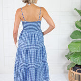 Dial Navy + Sky Seersucker Plaid Tiered Maxi Dress THML