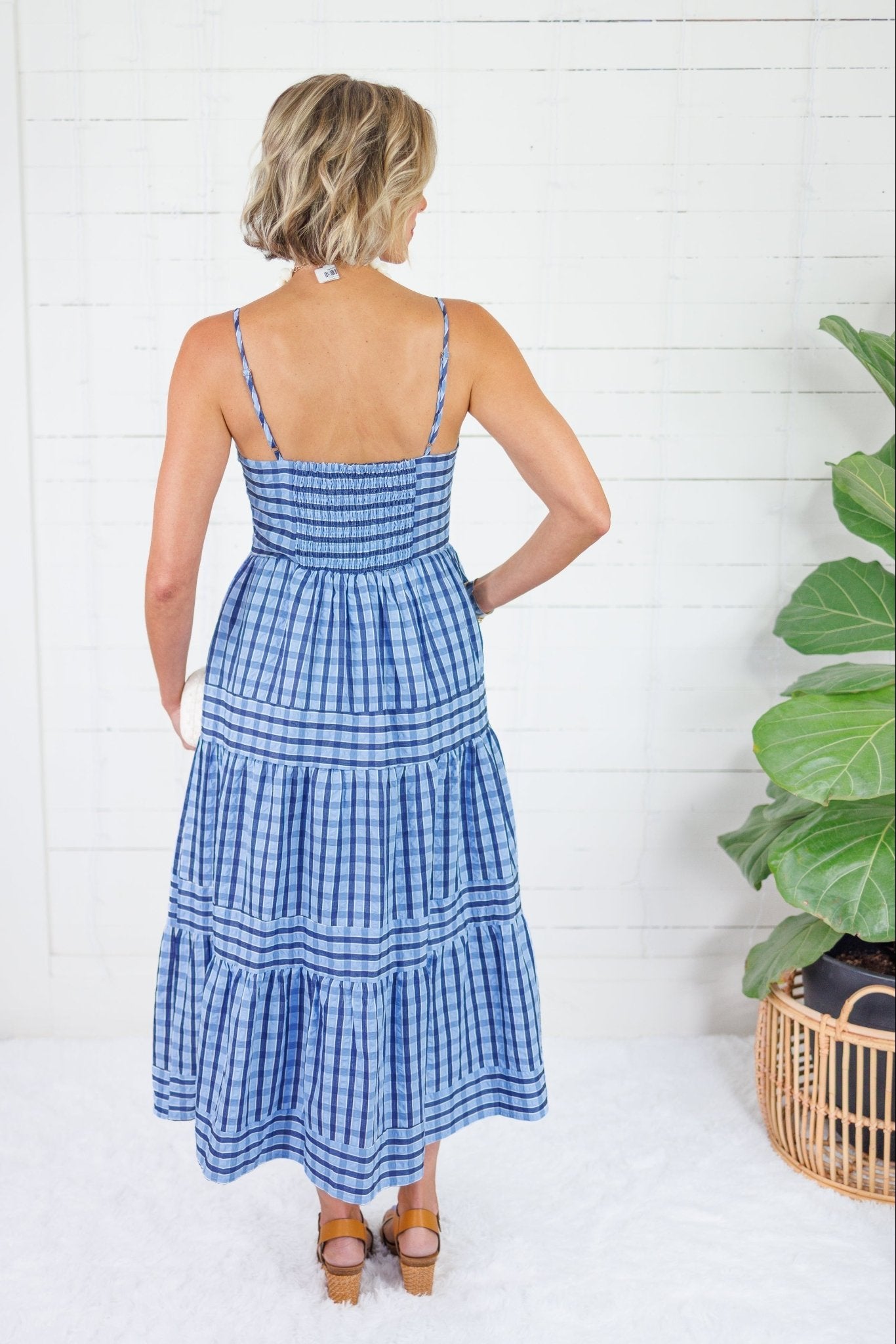 Dial Navy + Sky Seersucker Plaid Tiered Maxi Dress THML