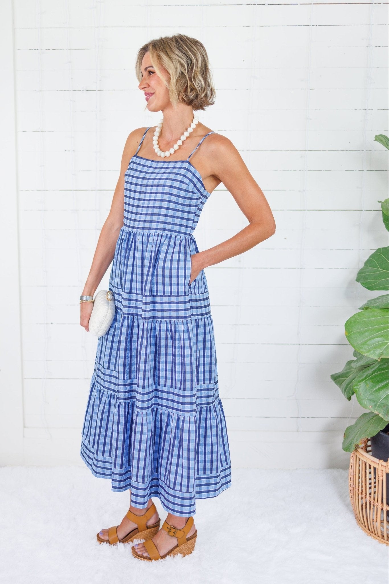Dial Navy + Sky Seersucker Plaid Tiered Maxi Dress THML