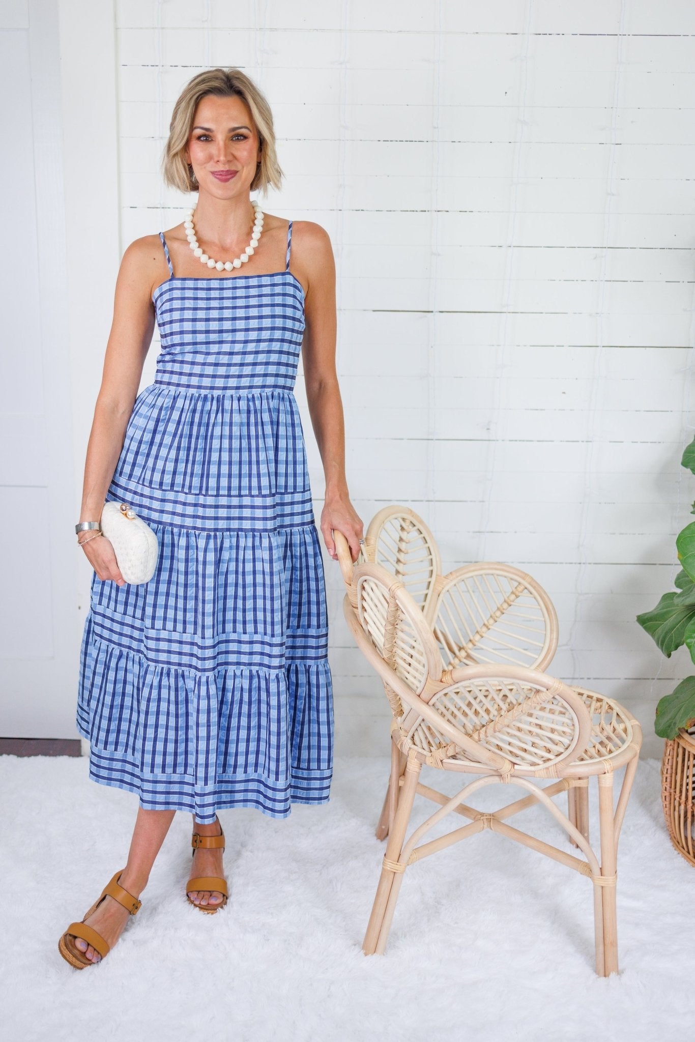 Dial Navy + Sky Seersucker Plaid Tiered Maxi Dress THML