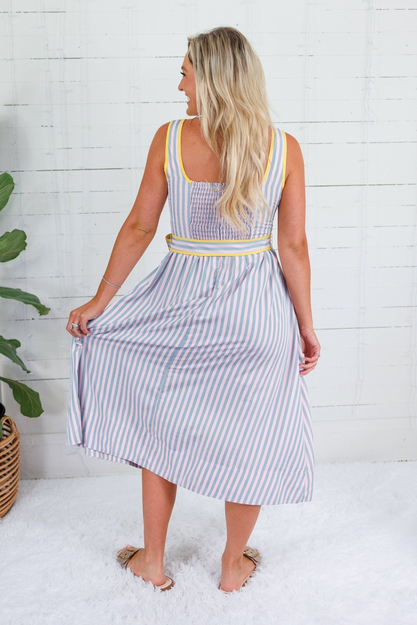 Duchess Blush + Blue Grey Stripe Midi Dress