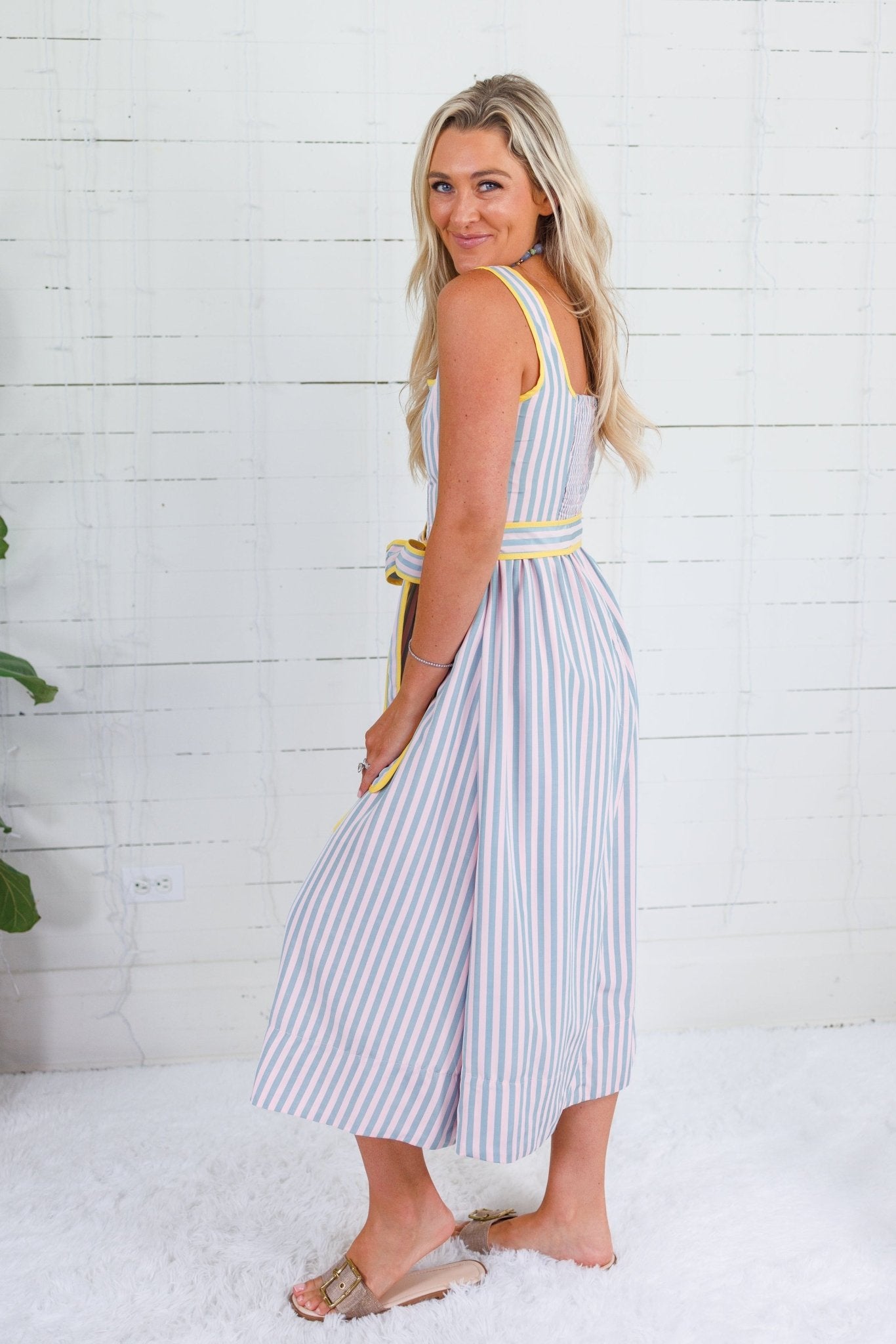 Duchess Blush + Blue Grey Stripe Midi Dress