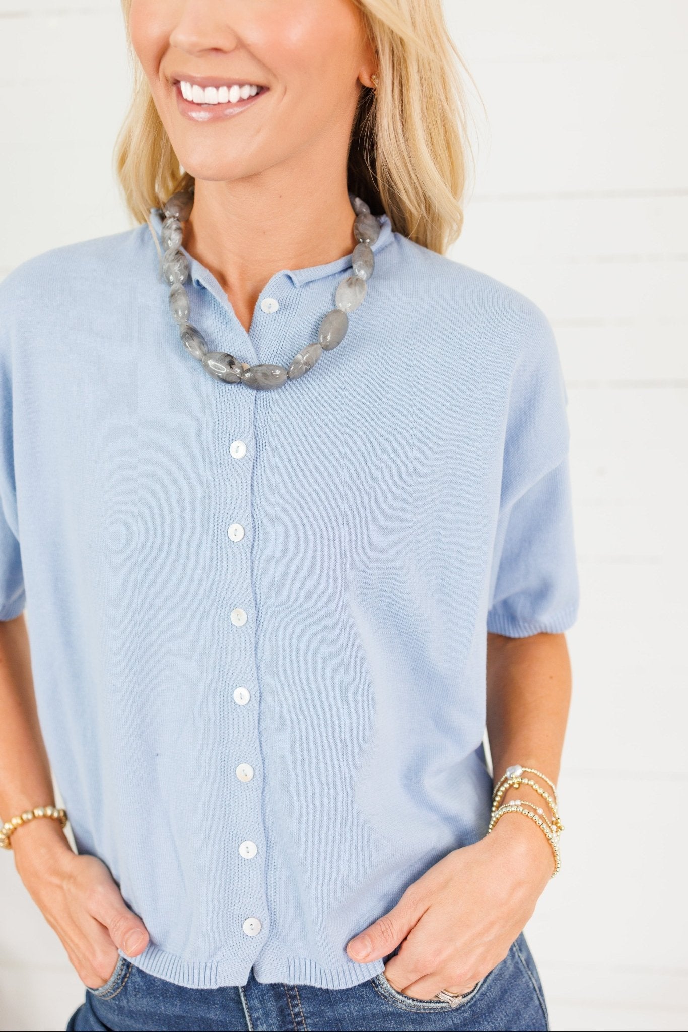 Dudley Light Blue Flat Knit SS Cardigan Things Between