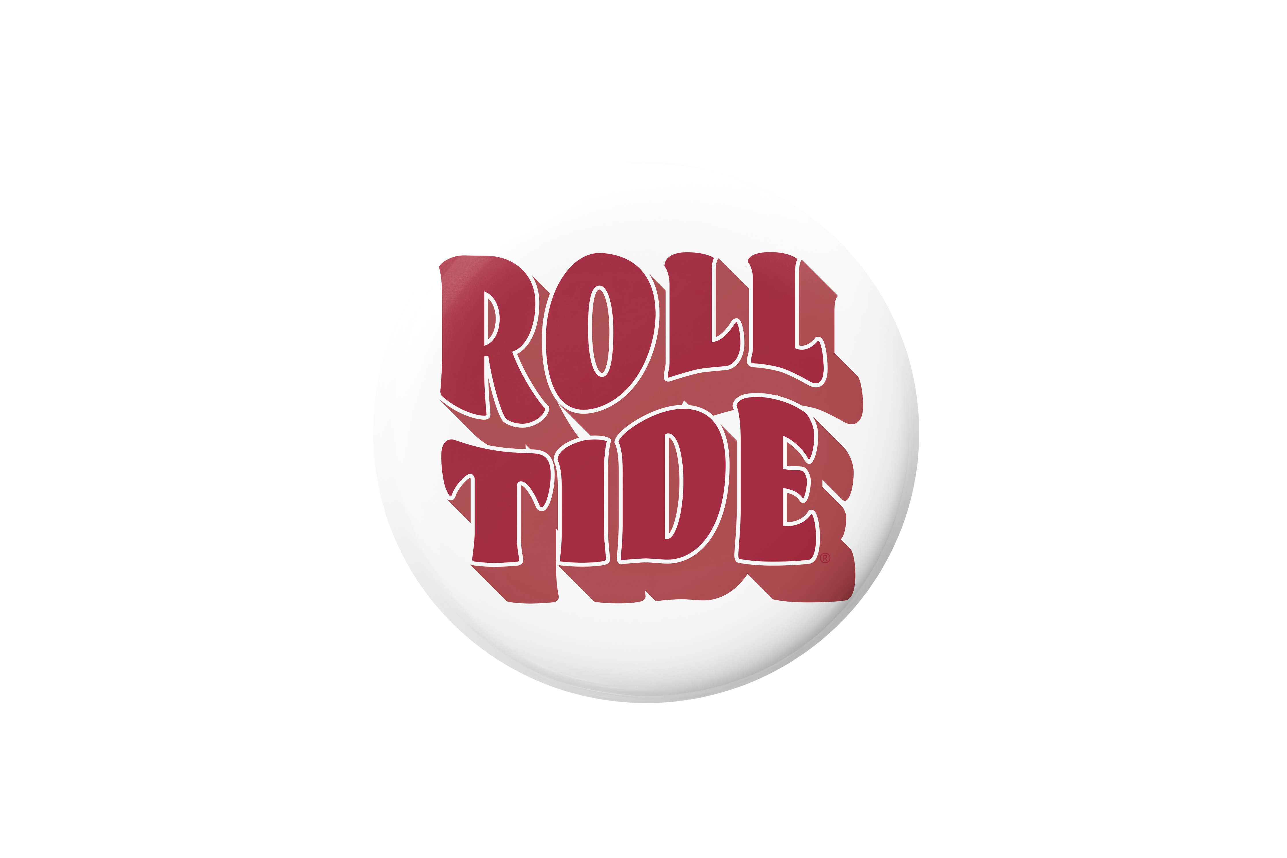 A round white button badge featuring the words 'ROLL TIDE' in bold red 3D-style lettering with white outlines, set against a plain white background.