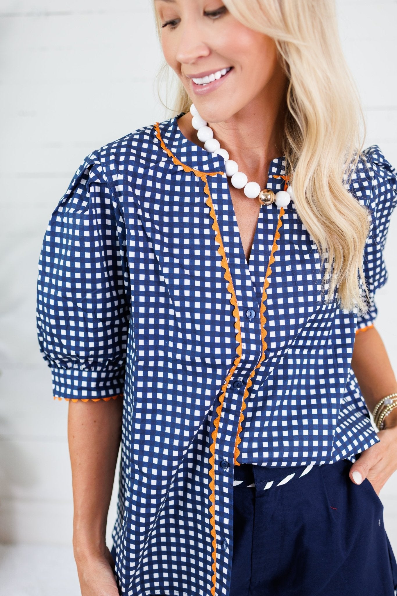 Elaine Navy + Orange Gingham Top Mary Square