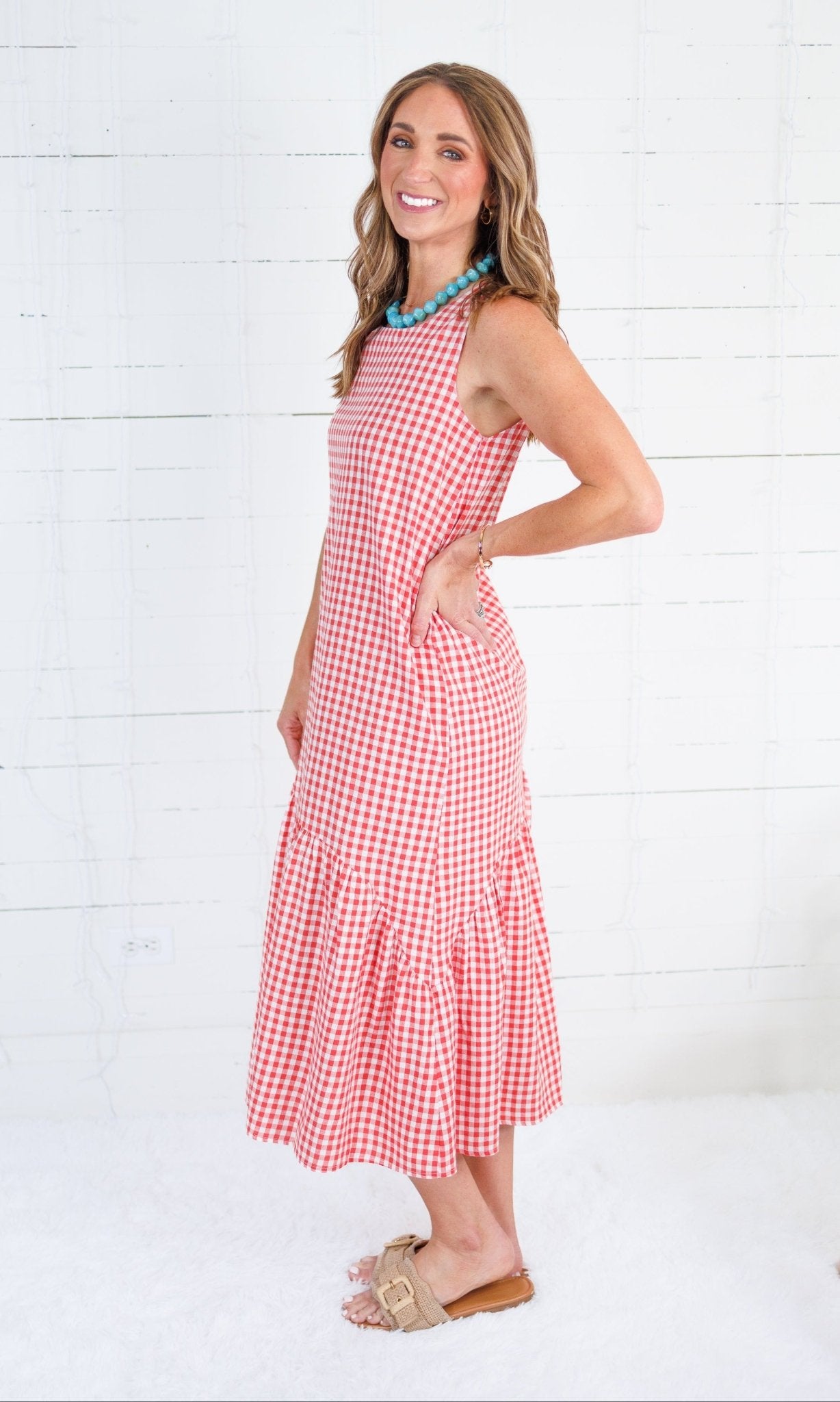 Eva Coral Gingham Maxi Dress Compania Fantastica