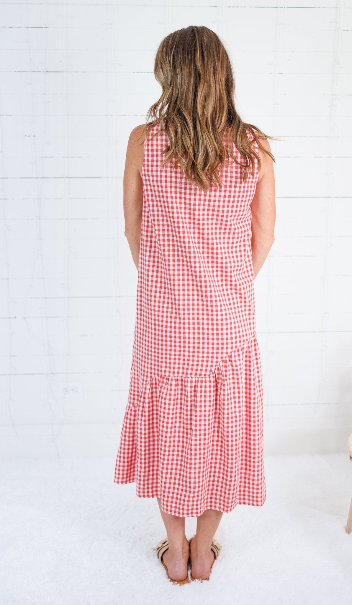 Eva Coral Gingham Maxi Dress Compania Fantastica