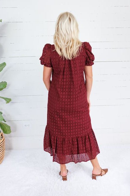 Evelyn Burgundy Eyelet Maxi Dress Entro