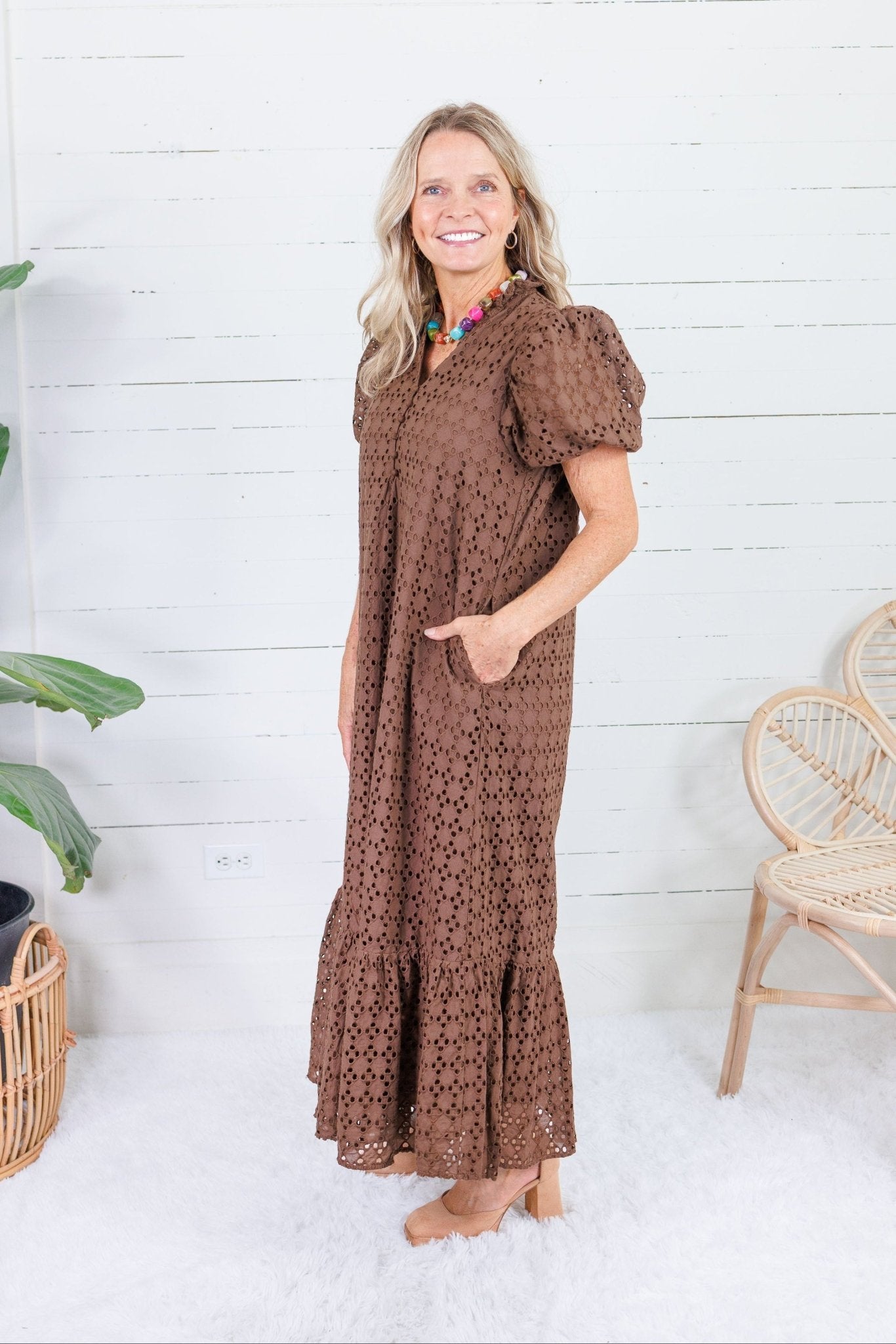 Evelyn Cocoa Eyelet Maxi Dress