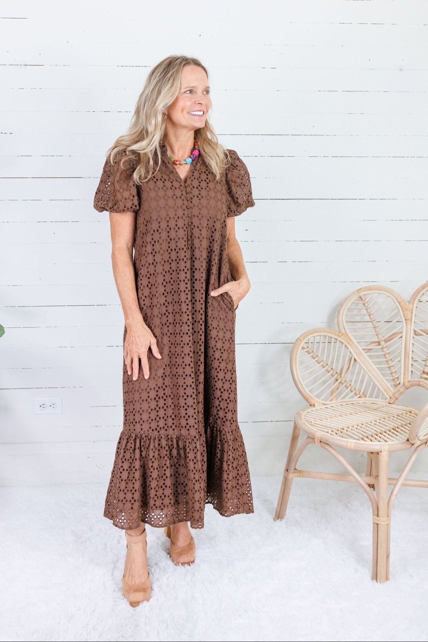 Evelyn Cocoa Eyelet Maxi Dress