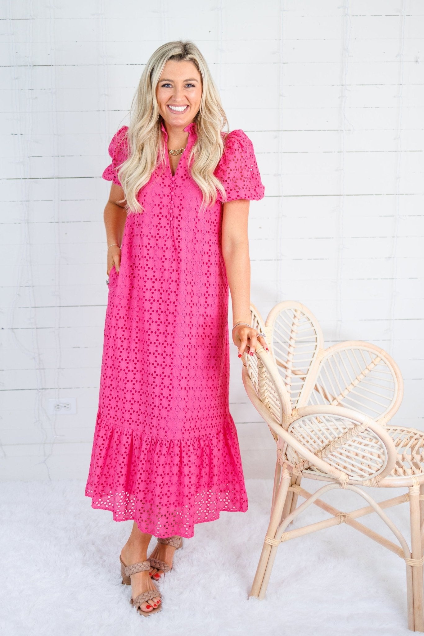 Evelyn Hot Pink Eyelet Maxi Dress Entro