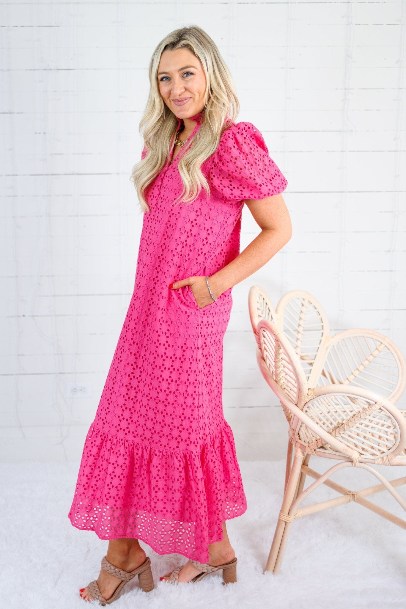 Evelyn Hot Pink Eyelet Maxi Dress Entro