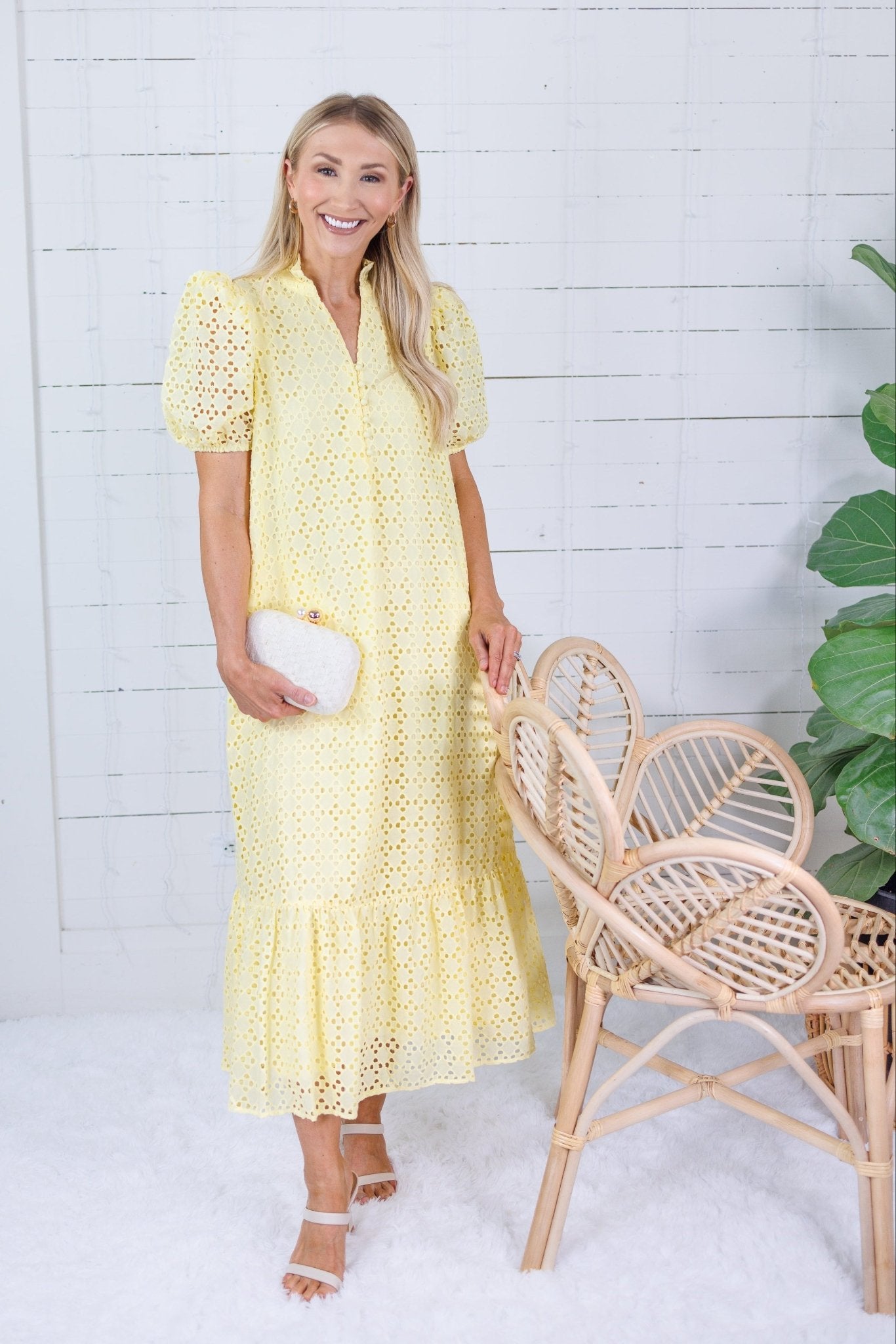 Evelyn Lemon Drop Eyelet Maxi Dress Entro