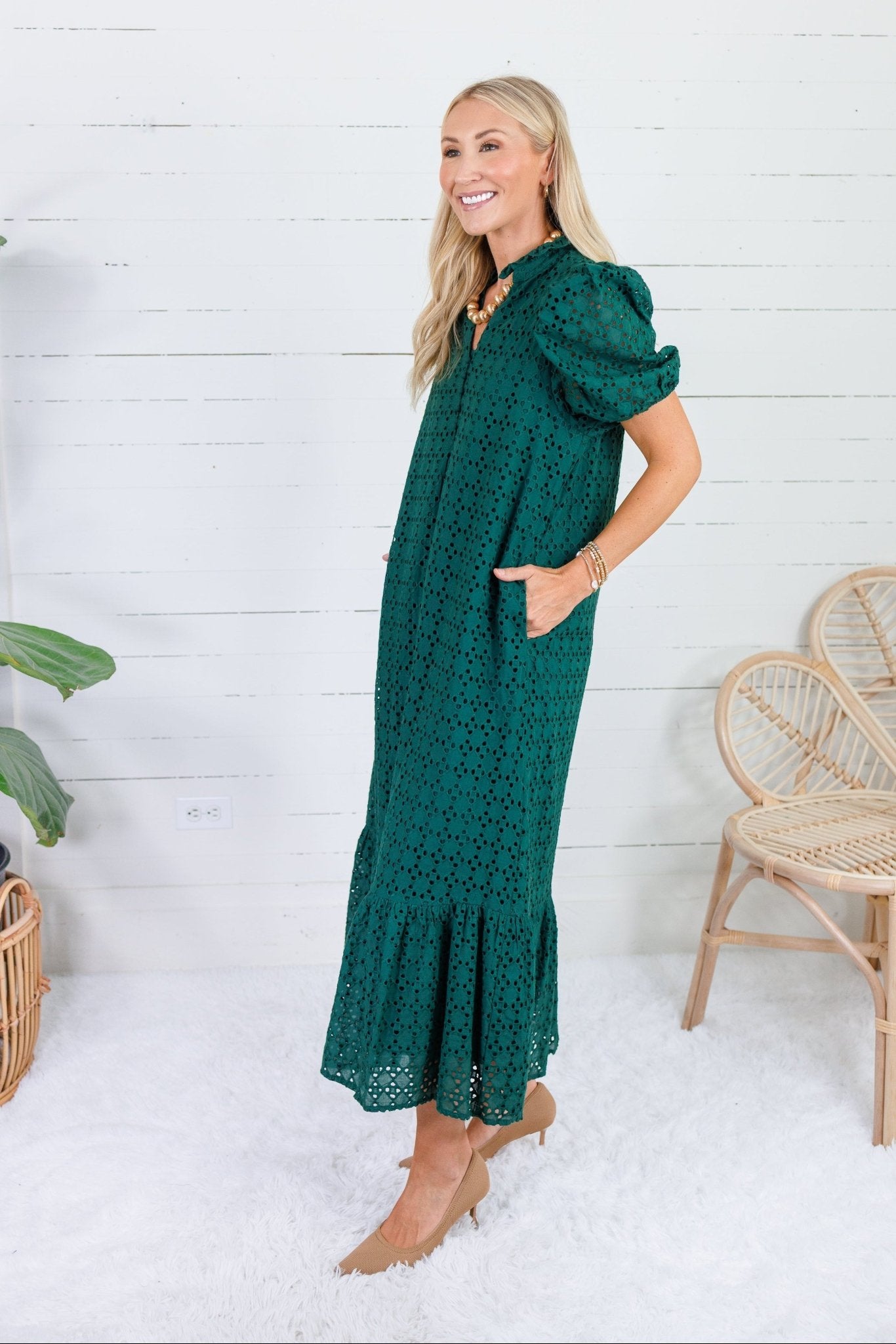 Evelyn Pine Green Eyelet Maxi Dress