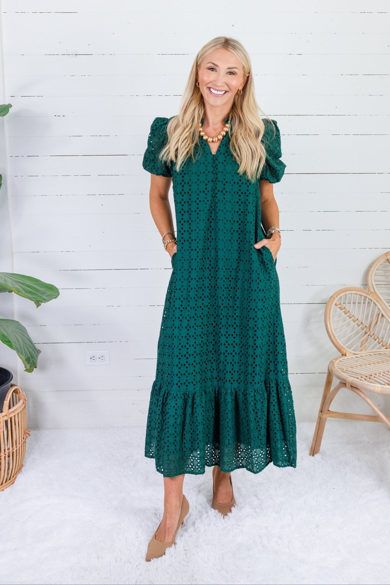 Evelyn Pine Green Eyelet Maxi Dress