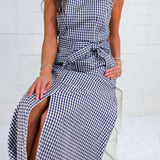 Ever to Conquer Navy Gingham Maxi Dress Entro