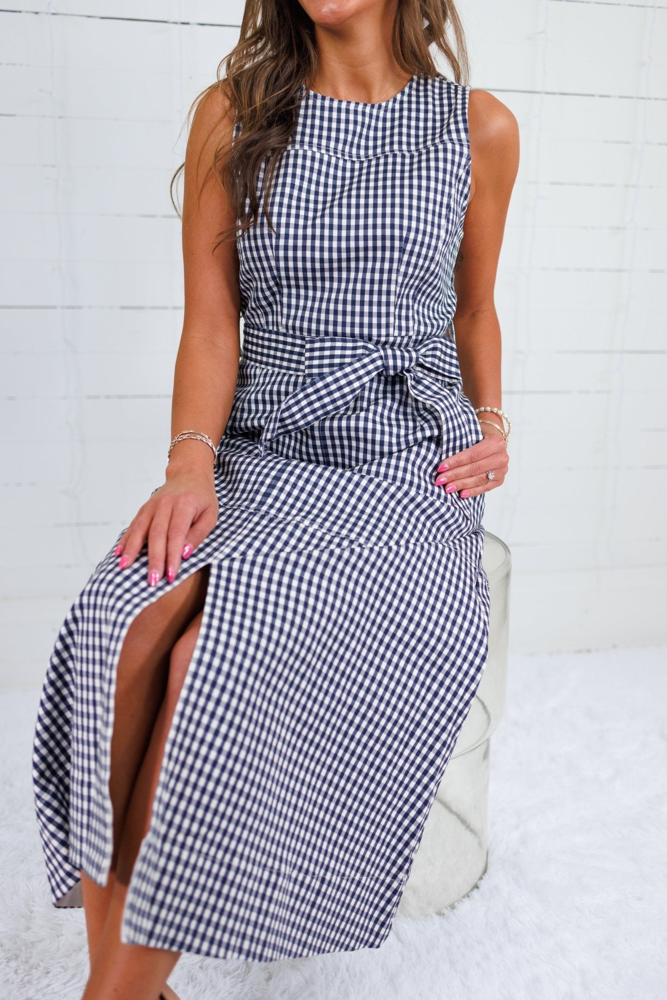 Ever to Conquer Navy Gingham Maxi Dress Entro