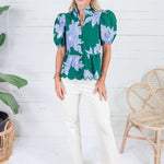 Exeter Deep Green + Periwinkle Floral Top