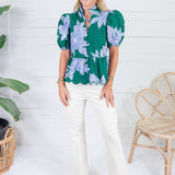 Exeter Deep Green + Periwinkle Floral Top