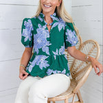 Exeter Deep Green + Periwinkle Floral Top