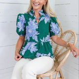 Exeter Deep Green + Periwinkle Floral Top