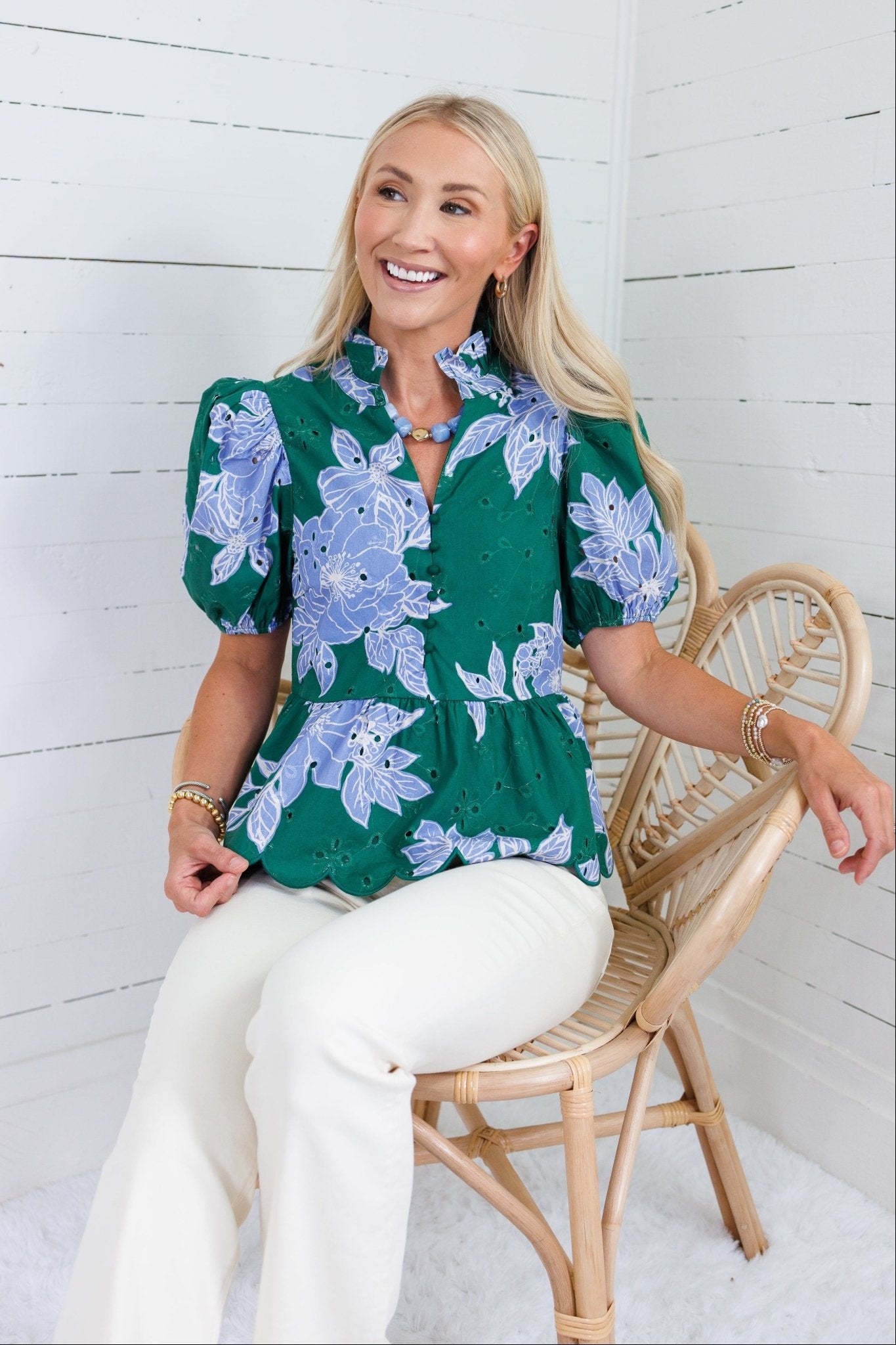 Exeter Deep Green + Periwinkle Floral Top