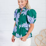 Exeter Deep Green + Periwinkle Floral Top