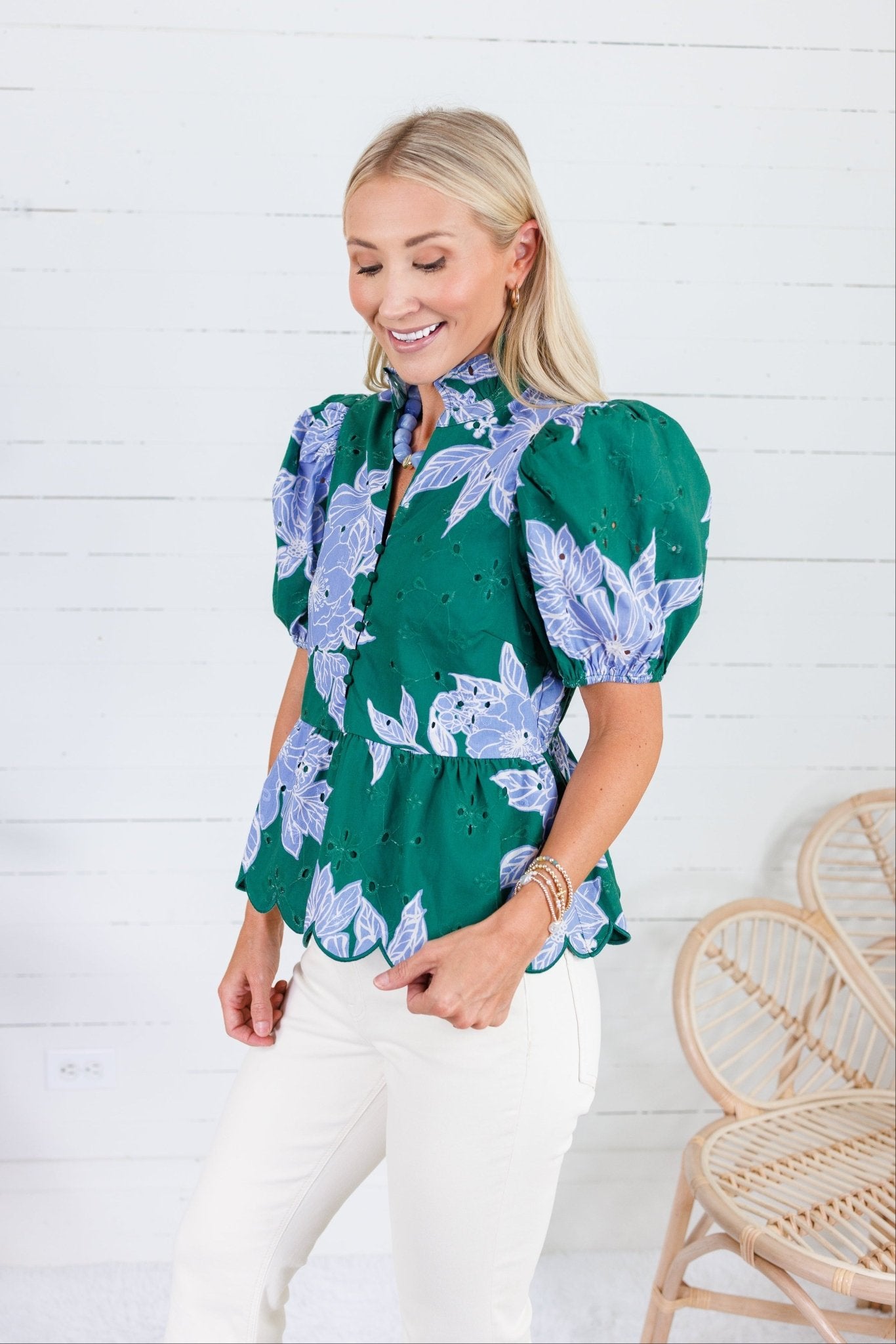 Exeter Deep Green + Periwinkle Floral Top