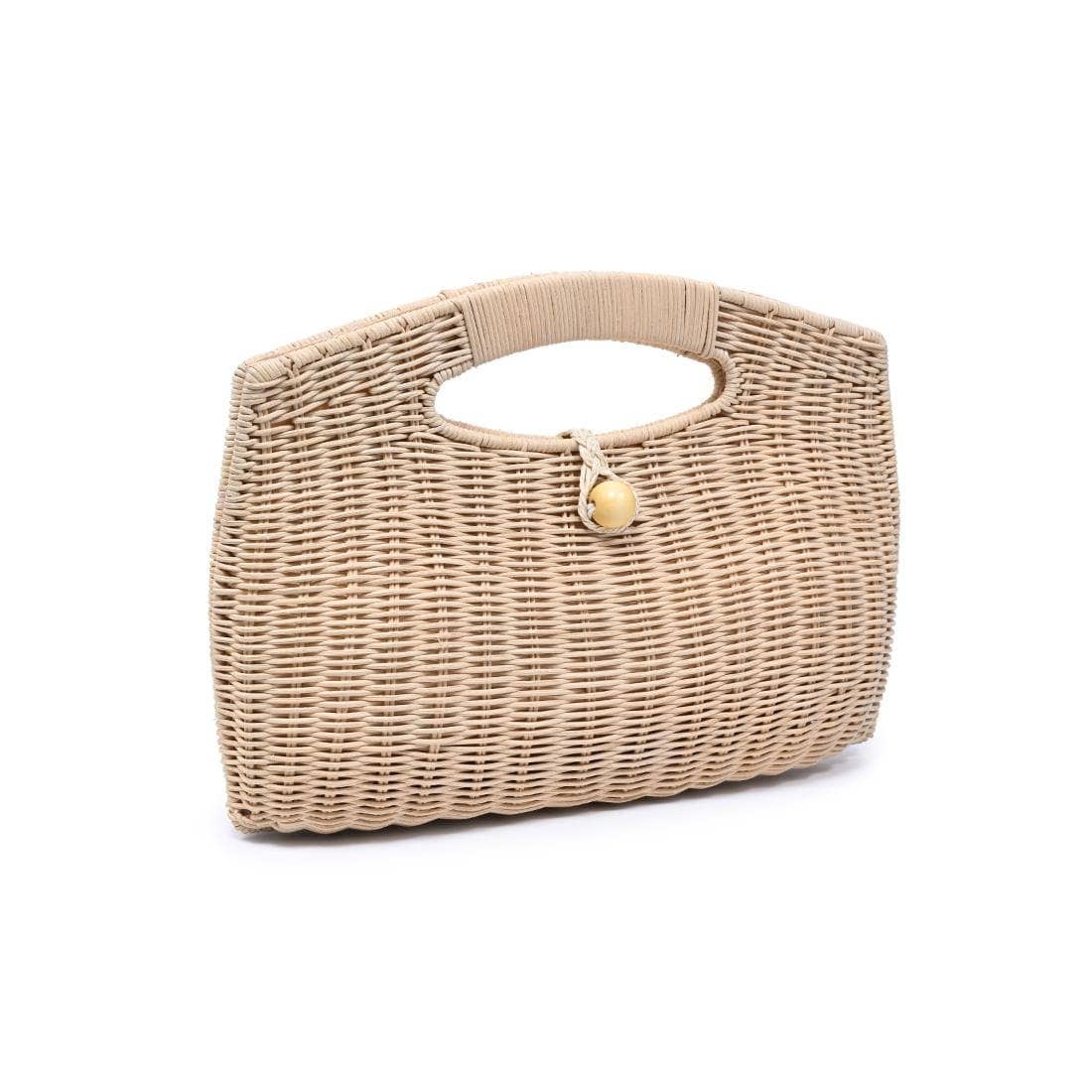 Beige woven handbag with a gold clasp on a white background