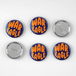 Five 'War Eagle' buttons on a white background
