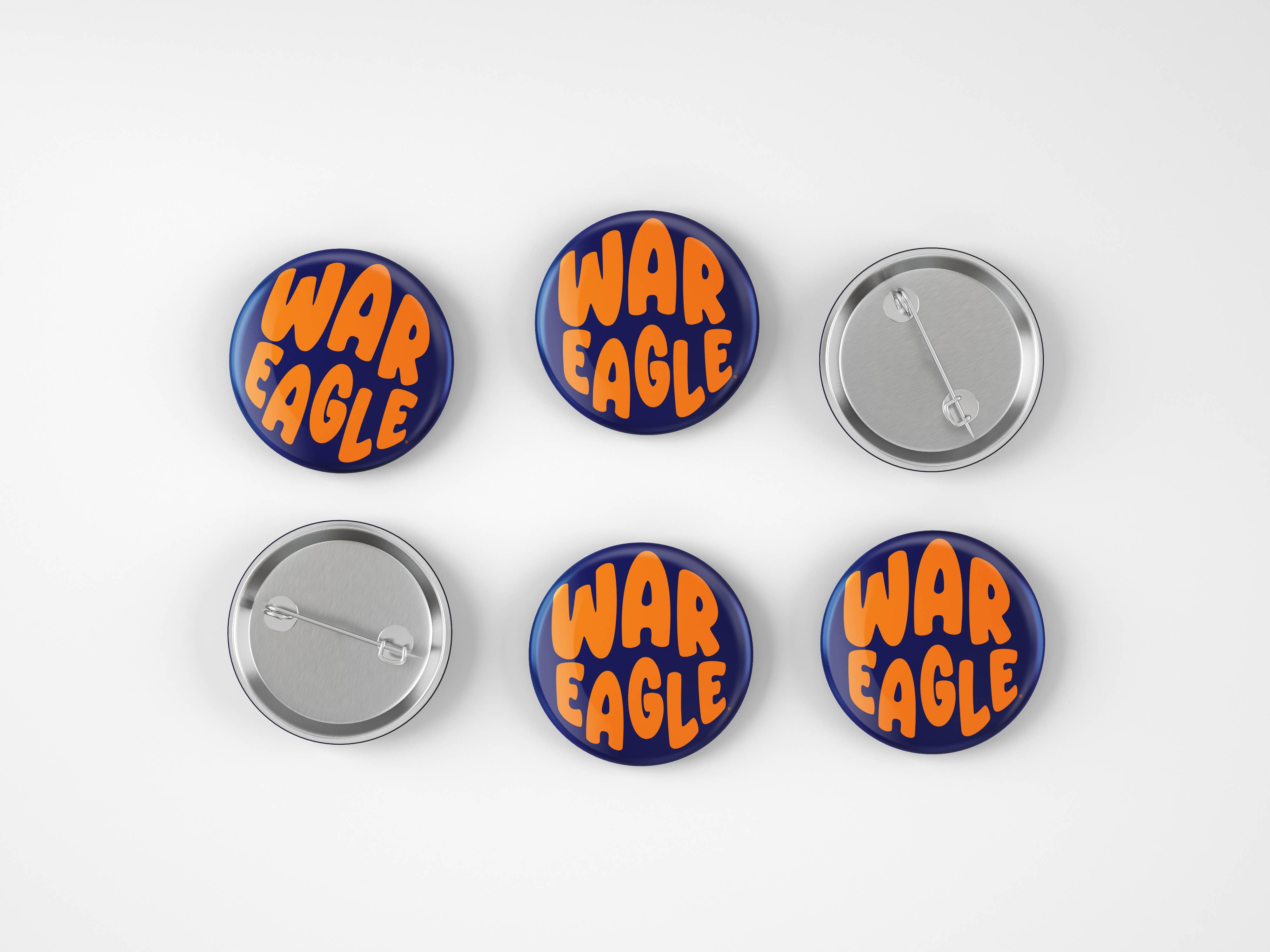 Five 'War Eagle' buttons on a white background