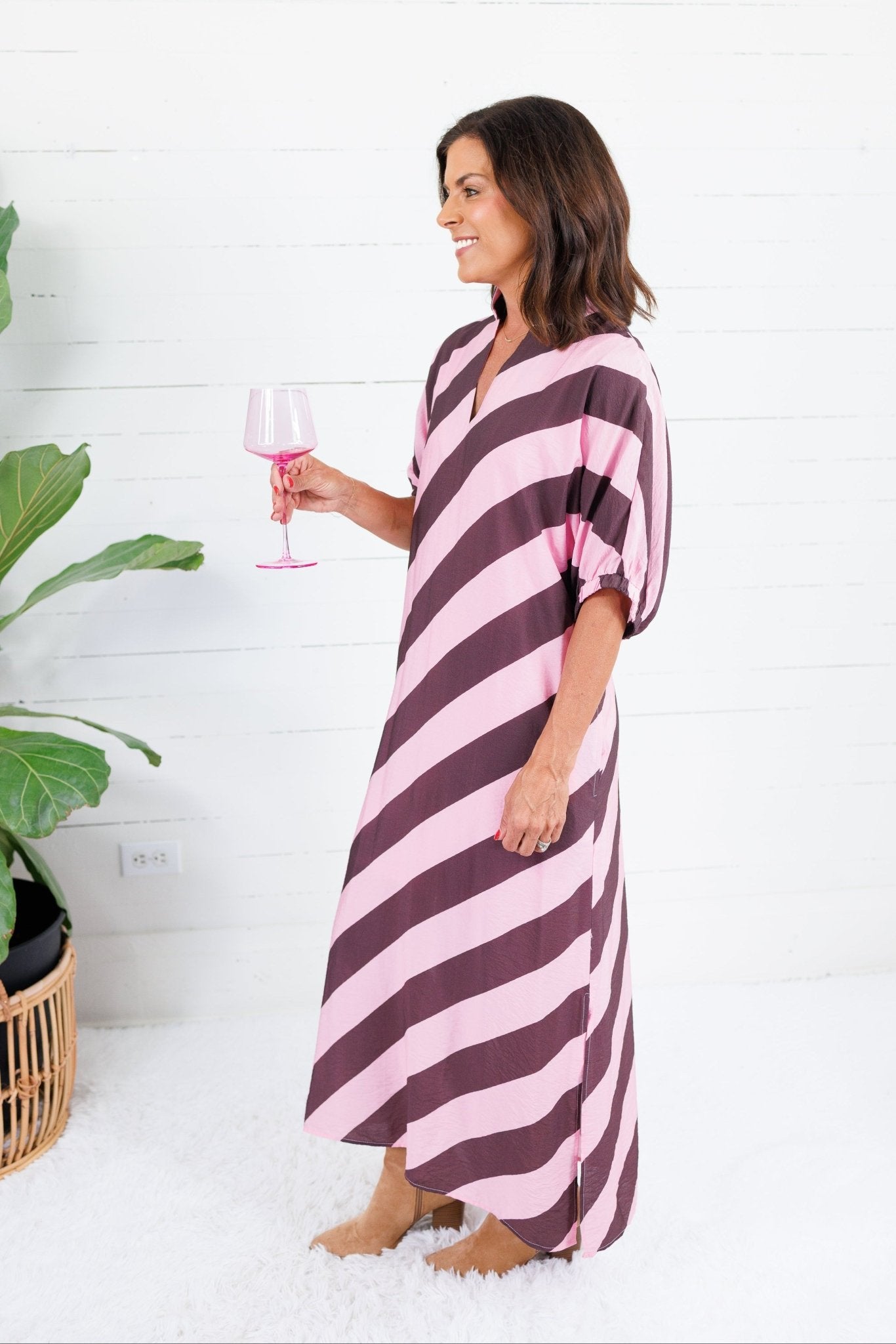 Faith Burgundy + Rose Bias Stripe Caftan Entro