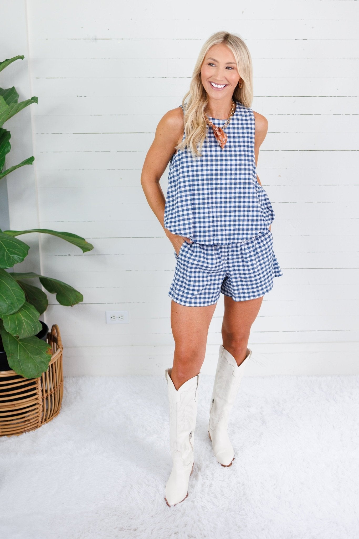 Faye Navy Seersucker Gingham Shorts Adrienne
