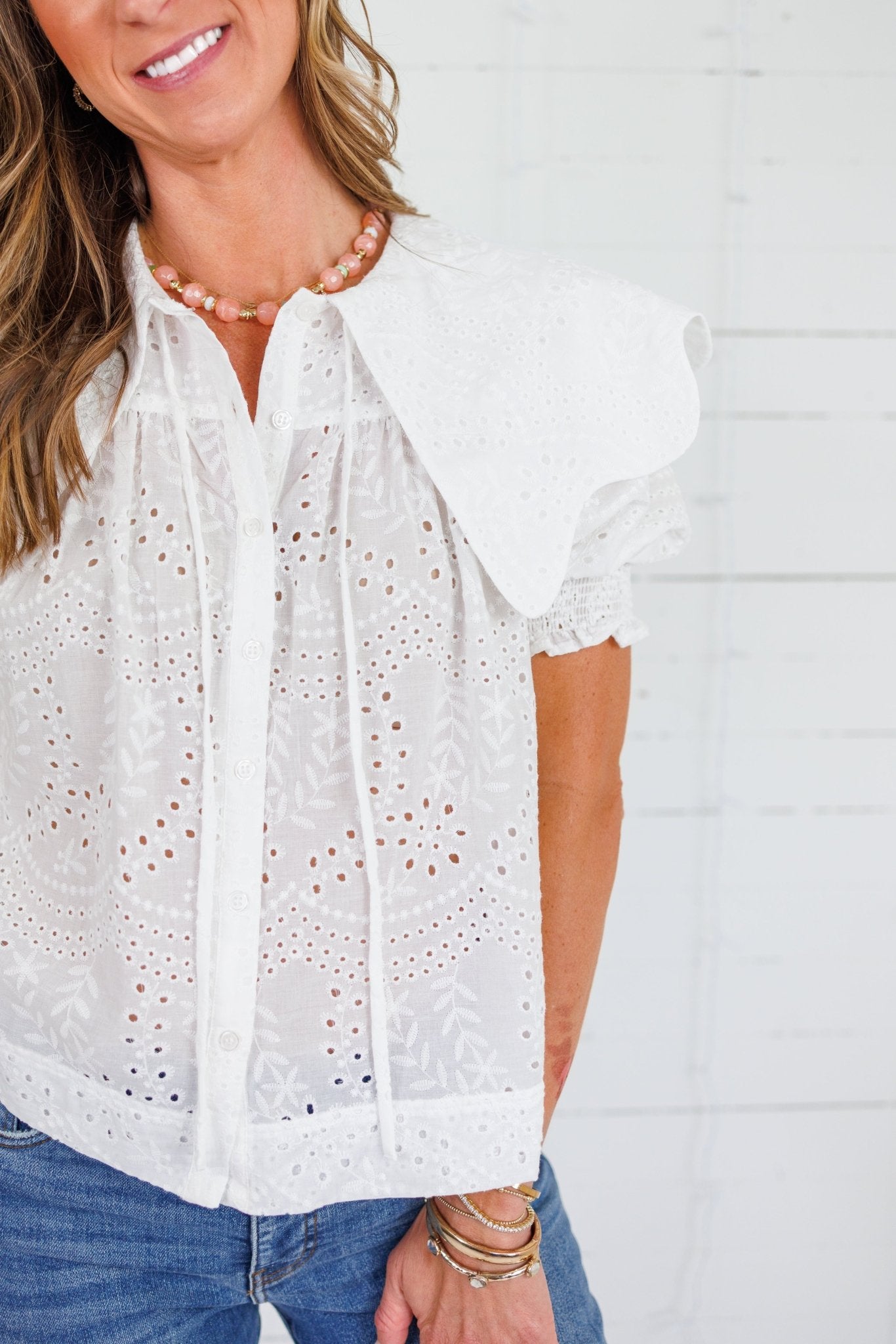 Fisher White Eyelet Scallop Collar Top Karlie