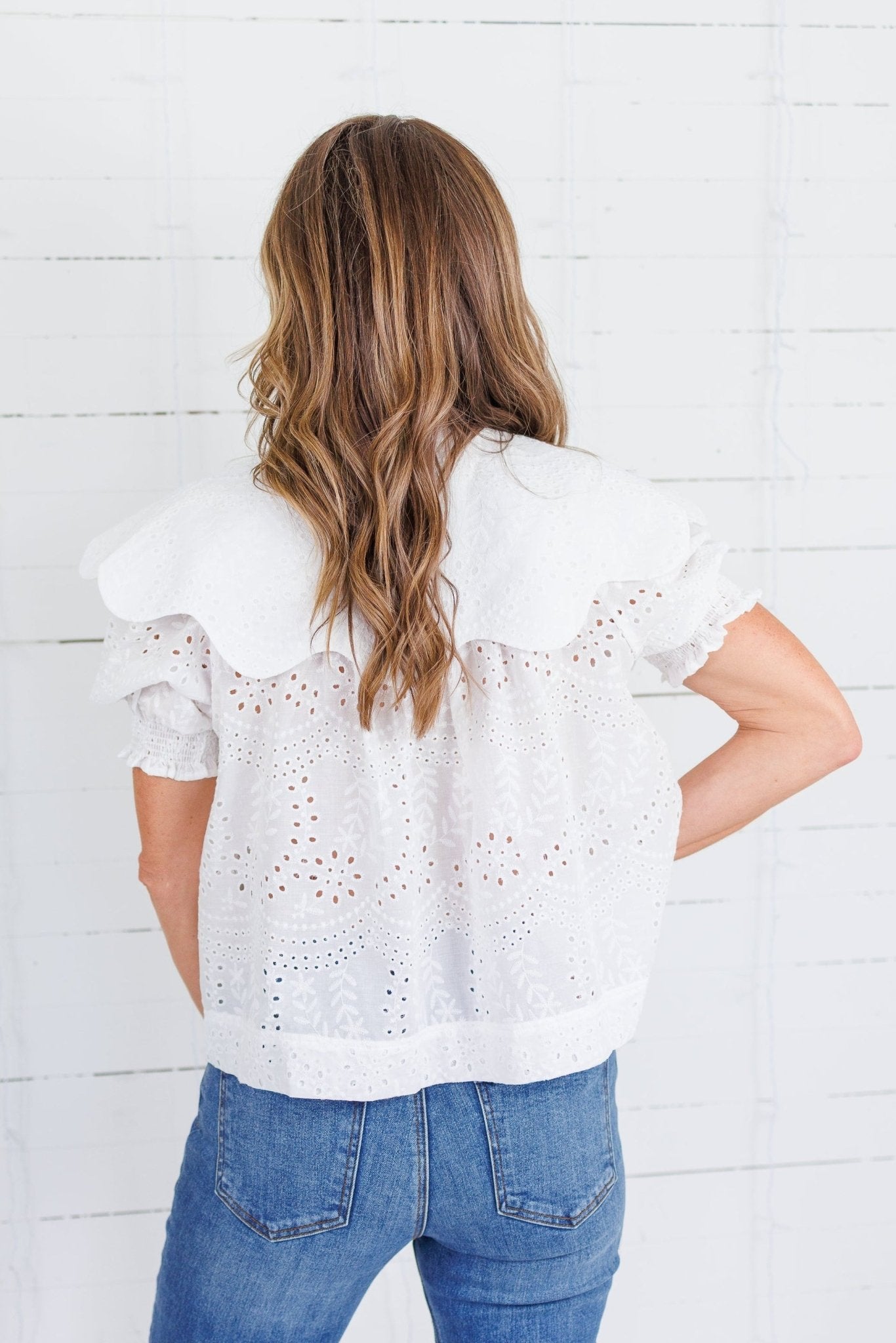 Fisher White Eyelet Scallop Collar Top Karlie