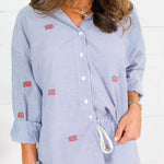 Flag Embroidered Navy Stripe Oversized Button Top Sunday Edition