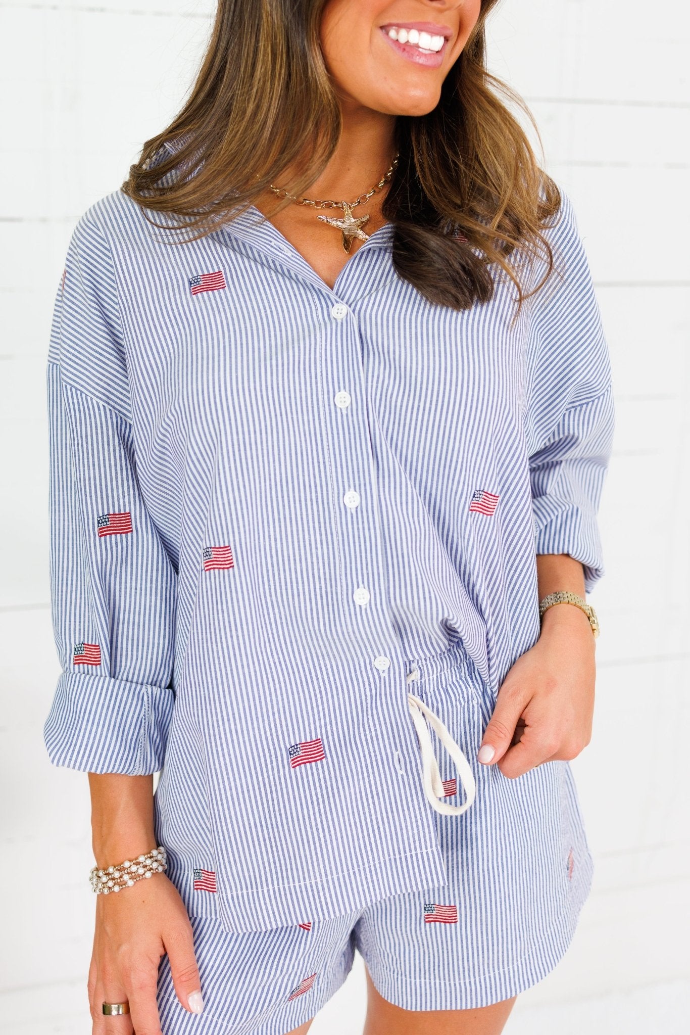 Flag Embroidered Navy Stripe Oversized Button Top Sunday Edition