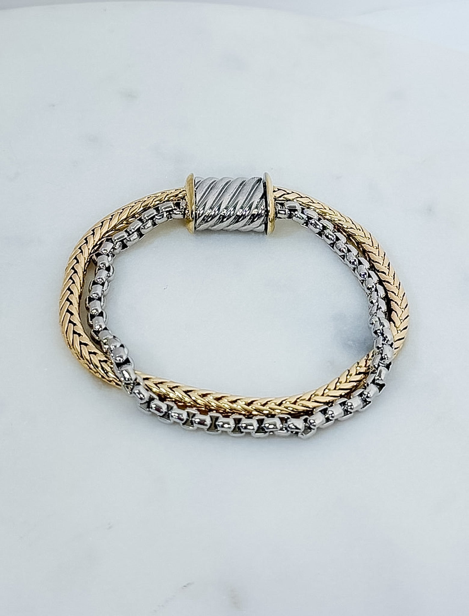 Flexible Gold + Silver Chain Barrel Bead Bracelet - A3 Accessories - Jewelry - Clover + Bee