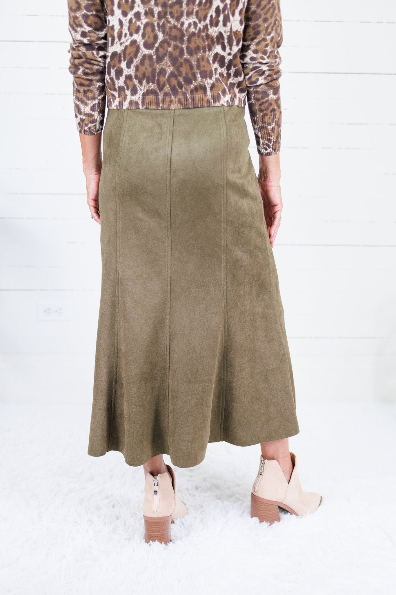 Fowler Olive Suede Midi Skirt THML