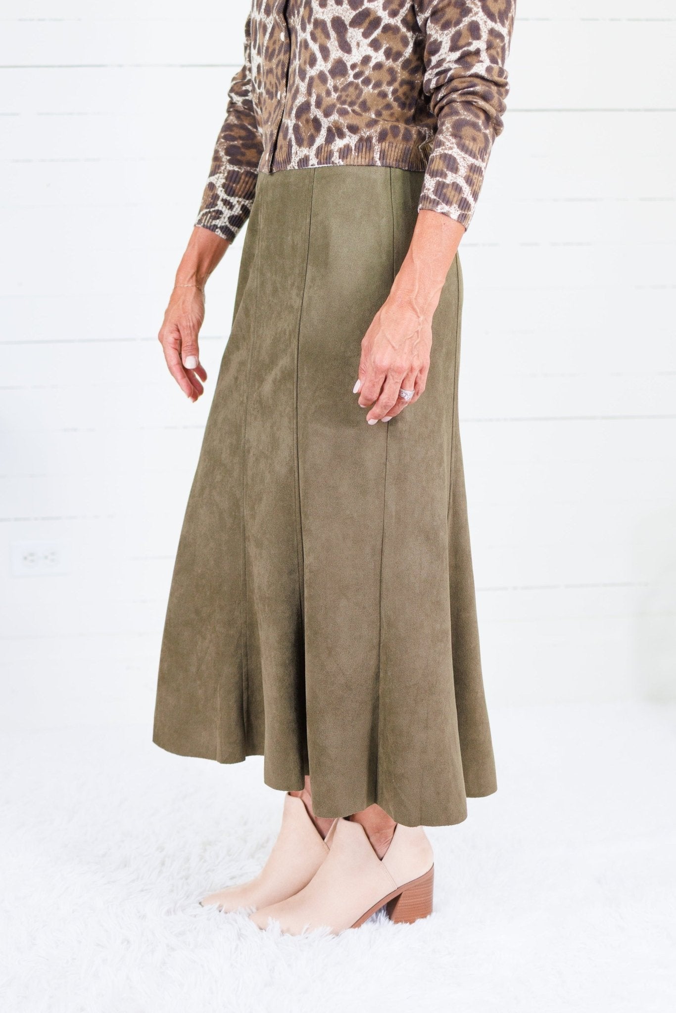 Fowler Olive Suede Midi Skirt THML