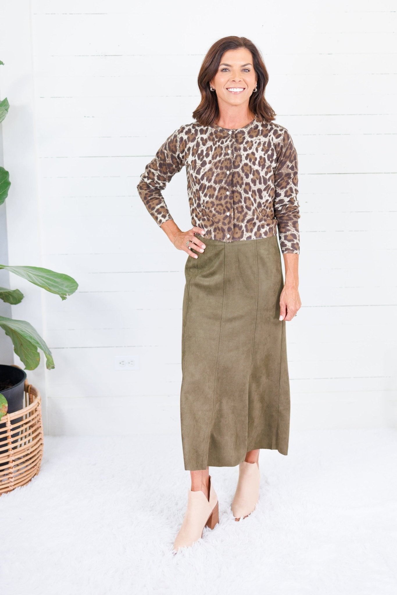 Fowler Olive Suede Midi Skirt THML