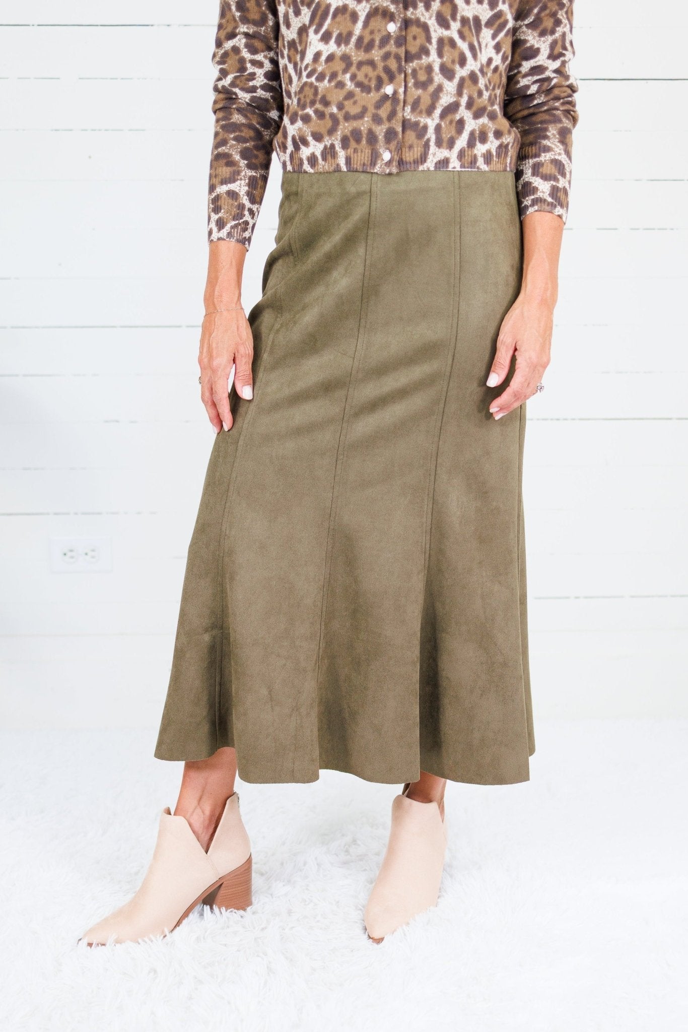 Fowler Olive Suede Midi Skirt THML