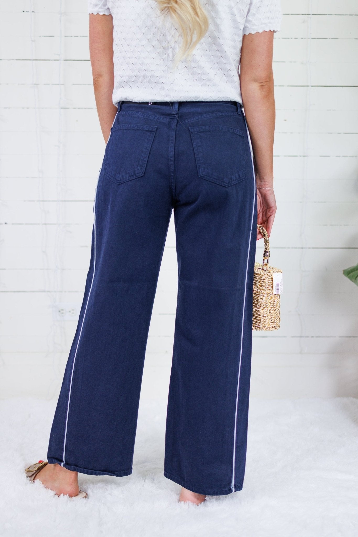 Franklin Navy Tuxedo Stripe Wide Leg Jeans Just Black Denim
